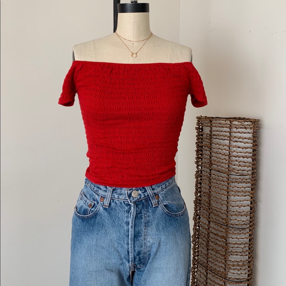 Brandy Melville red smocked off shoulder Charlene